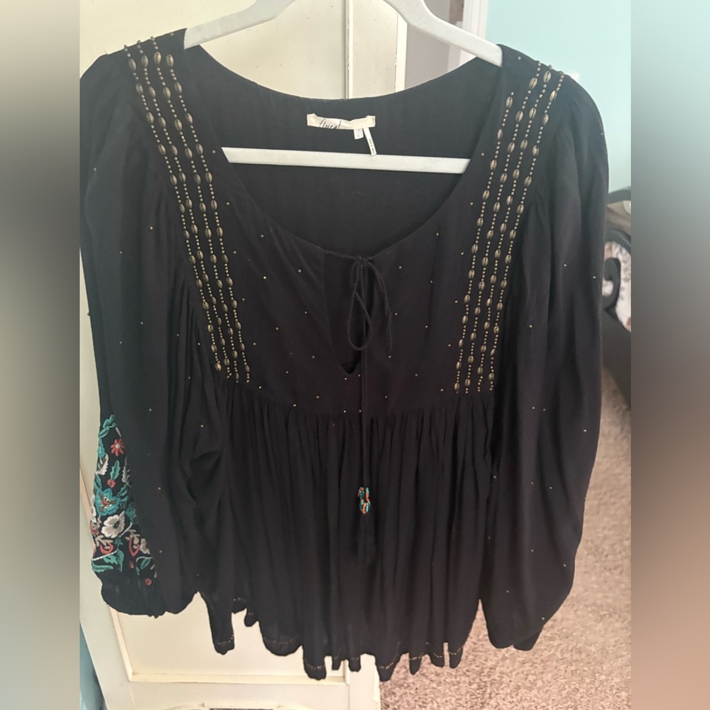 Anthropologie Black Blouse with Embroidered Details
